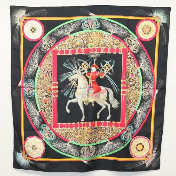 HERMES Carre 90 Scarf ""FEUX D' ARTIFICE"" Silk Black Auth hk2955 - Picture 12 of 12
